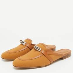 Pre Owned Hermès Brown Canvas and Leather Oz Flat Mules Size 39