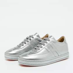 Hermes Silver Leather Quicker Low Top Sneakers Size 36.5