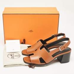 Pre Owned Hermès Brown Leather Elbe Slingback Sandals Size 39