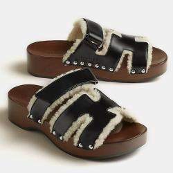 Hermes Black Glazed Nappa Leather Shearling Kos clog Sandals Size 39