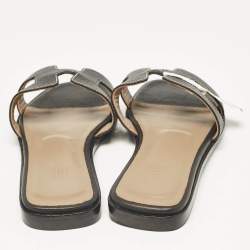 Pre Owned Hermes Black Leather Oran Flat Slide Sandals Size 36