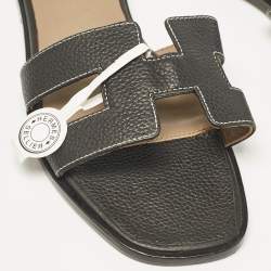 Pre Owned Hermes Black Leather Oran Flat Slide Sandals Size 36