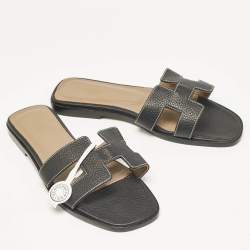 Pre Owned Hermes Black Leather Oran Flat Slide Sandals Size 36