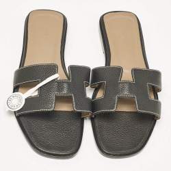Pre Owned Hermes Black Leather Oran Flat Slide Sandals Size 36