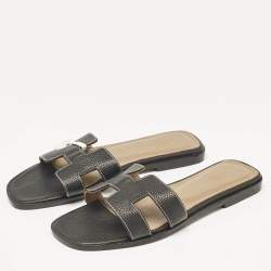 Pre Owned Hermes Black Leather Oran Flat Slide Sandals Size 36