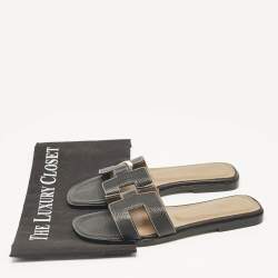 Pre Owned Hermes Black Leather Oran Flat Slide Sandals Size 36