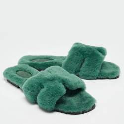 Hermès Green Shearling Fur Oran Flat Slides Size 39