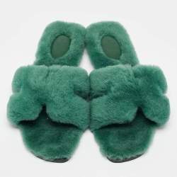 Hermès Green Shearling Fur Oran Flat Slides Size 39