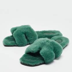 Hermès Green Shearling Fur Oran Flat Slides Size 39