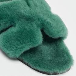 Hermès Green Shearling Fur Oran Flat Slides Size 39