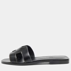 Hermes Black Leather Oran Flat Slide Sandals Size 38