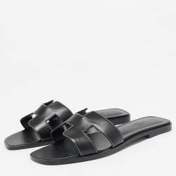 Hermes Black Leather Oran Flat Slide Sandals Size 38