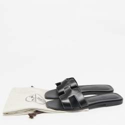 Hermes Black Leather Oran Flat Slide Sandals Size 38