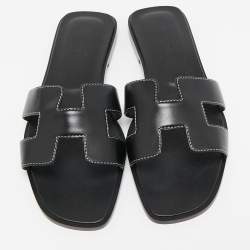 Hermes Black Leather Oran Flat Slide Sandals Size 38