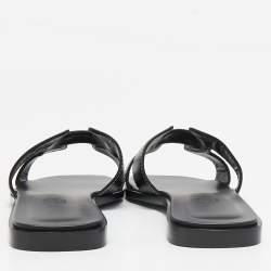 Hermes Black Leather Oran Flat Slide Sandals Size 38