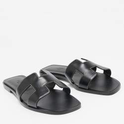 Hermes Black Leather Oran Flat Slide Sandals Size 38