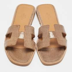 Hermes Beige Lizard Oran Slide Sandals Size 36