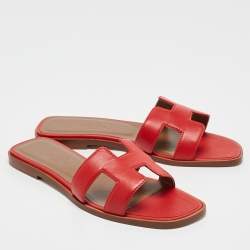 Hermes Red Leather Oran Slide Sandals Size 36.5