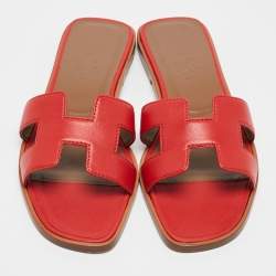 Hermes Red Leather Oran Slide Sandals Size 36.5
