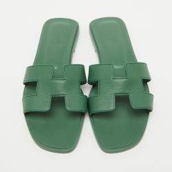 Pre Owned Hermes Green Leather Oran Flat Sandals Size 38