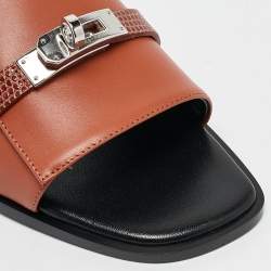 Hermes Brown Lizard and Leather Giulia Flat Slides Size 38