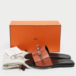 Hermes Brown Lizard and Leather Giulia Flat Slides Size 38