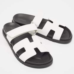 Pre Owned Hermes White Leather Chypre Flat Sandals Size 40.5