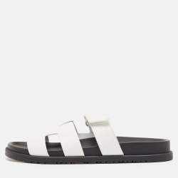 Pre Owned Hermes White Leather Chypre Flat Sandals Size 40.5