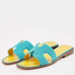 Hermes Blue Twisted Metal Thread Oran Flat Slides Size 36