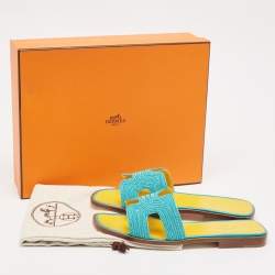Hermes Blue Twisted Metal Thread Oran Flat Slides Size 36