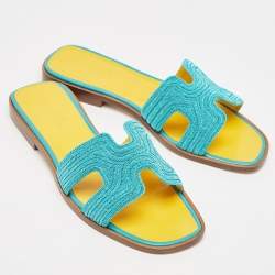 Hermes Blue Twisted Metal Thread Oran Flat Slides Size 36