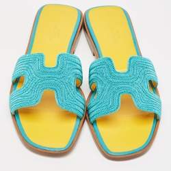 Hermes Blue Twisted Metal Thread Oran Flat Slides Size 36