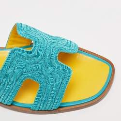 Hermes Blue Twisted Metal Thread Oran Flat Slides Size 36