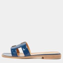 Hermes Blue Patent Leather Oran Flat Slides Size 36