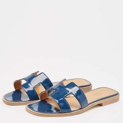 Hermes Blue Patent Leather Oran Flat Slides Size 36