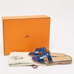 Hermes Blue Patent Leather Oran Flat Slides Size 36