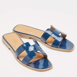 Hermes Blue Patent Leather Oran Flat Slides Size 36