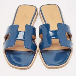 Hermes Blue Patent Leather Oran Flat Slides Size 36