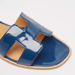 Hermes Blue Patent Leather Oran Flat Slides Size 36