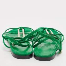 Hermes Green Suede Diamante Ankle Wrap Flat Sandals Size 40