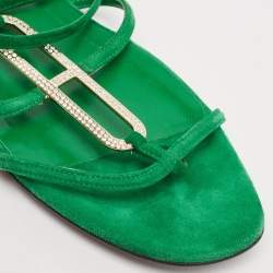 Hermes Green Suede Diamante Ankle Wrap Flat Sandals Size 40