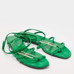Hermes Green Suede Diamante Ankle Wrap Flat Sandals Size 40