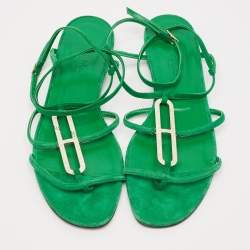 Hermes Green Suede Diamante Ankle Wrap Flat Sandals Size 40