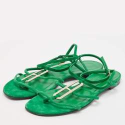 Hermes Green Suede Diamante Ankle Wrap Flat Sandals Size 40