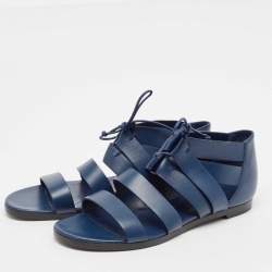 Hermes Navy Blue Leather Gladiator Flat Sandals Size 38.5