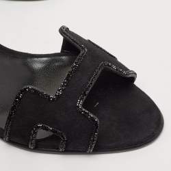 Pre Owned Hermes Black Suede Crystal Embellished Premiere Sandals Size 36.5