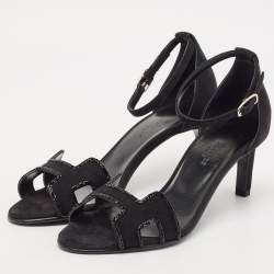 Pre Owned Hermes Black Suede Crystal Embellished Premiere Sandals Size 36.5
