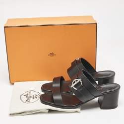 Pre Owned Hermes Black Leather Kute Slide Sandals Size 39