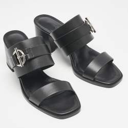 Pre Owned Hermes Black Leather Kute Slide Sandals Size 39
