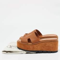 Pre Owned Hermes Brown Leather Eze Platform Cork Wedge Sandals Size 37